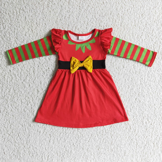 GLD0144 Cartoon Shelf Red Print Girls Christmas Knee Length Dress