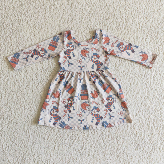 GLD0150 Snowman Holly Candy Cane Checkered Print Girls Christmas Knee Length Dress