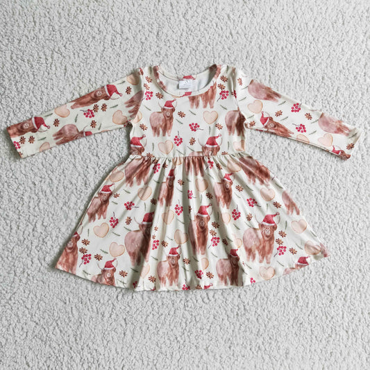 GLD0154 Highland Cow Holly Print Girls Christmas Knee Length Dress