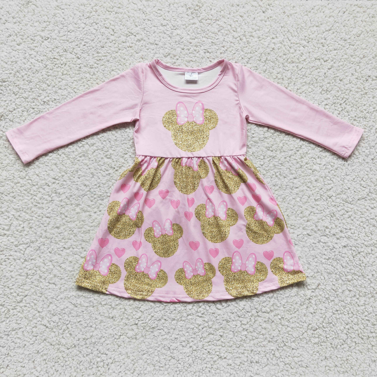 GLD0156 Cartoon Mouse Hearts Pink Print Girls Valentine's Day Knee Length Dress