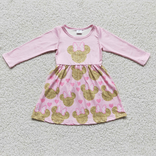 GLD0156 Cartoon Mouse Hearts Pink Print Girls Valentine's Day Knee Length Dress