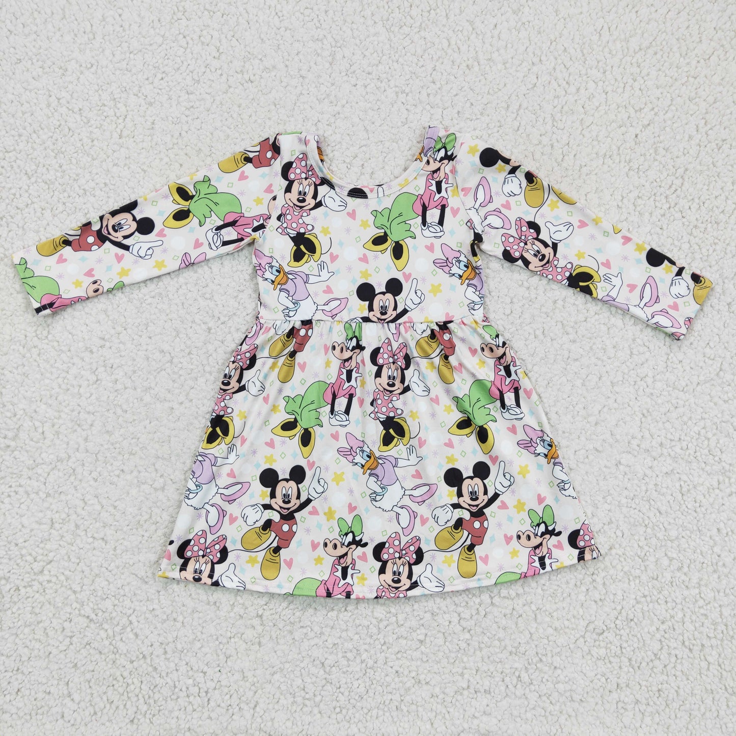 GLD0158 Cartoon Mouse Print Girls Long Sleeve Knee Length Dress