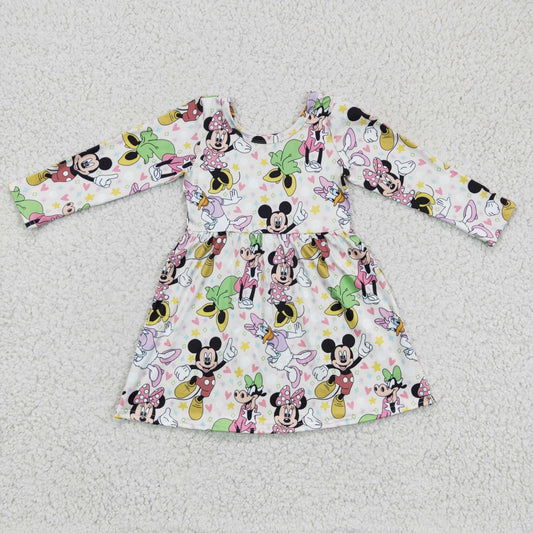 GLD0158 Cartoon Mouse Print Girls Long Sleeve Knee Length Dress