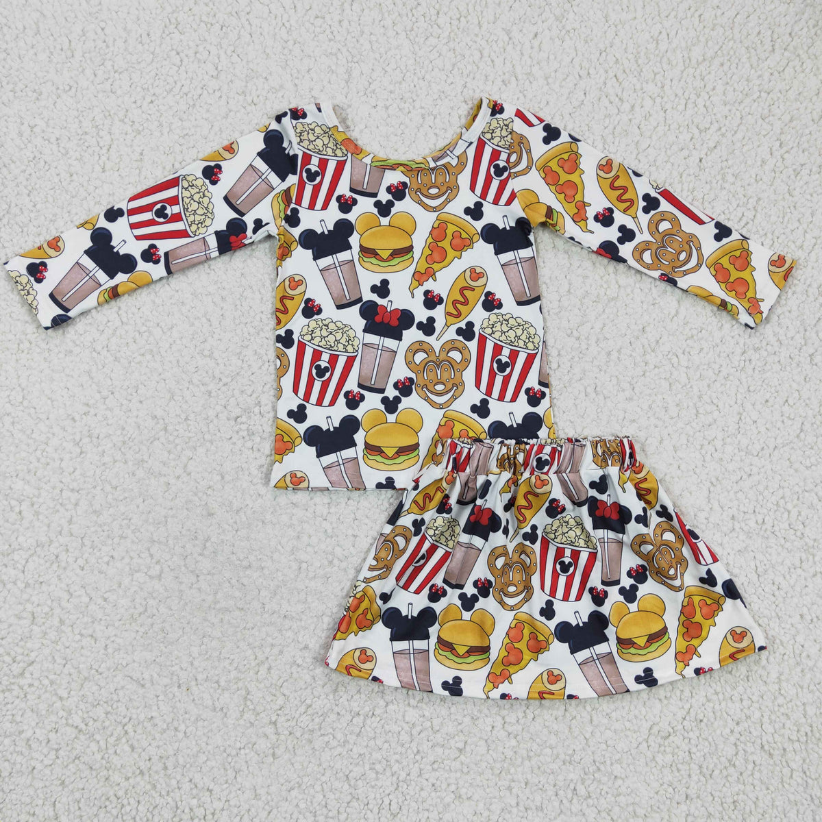 GLD0161   Cartoon Mouse Hamburger Popcorn Print Long Sleeve Top Skirts Girls Clothes Set