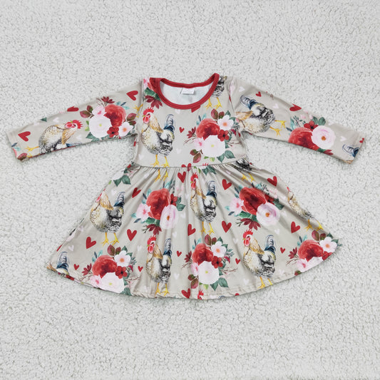GLD0163 Chicken Flowers Hearts Print Girls Valentine's Day Knee Length Dress