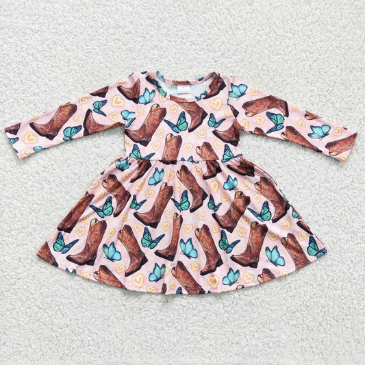 GLD0166 Butterfly Boots Print Girls Long Sleeve Knee Length Dress