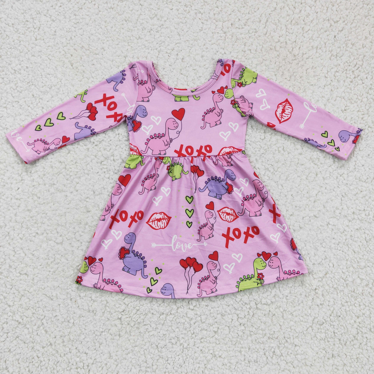 GLD0169 Dinosaur Hearts XOXO Print Girls Valentine's Day Knee Length Dress