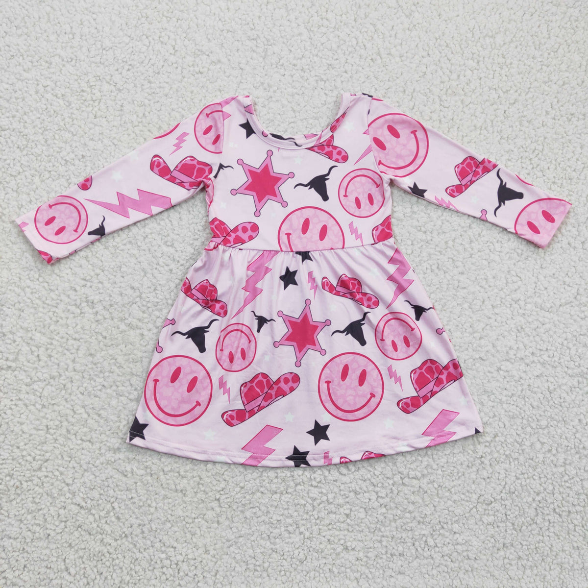 GLD0170 Smiling Hat Stars Pink Print Girls Long Sleeve Knee Length Dress