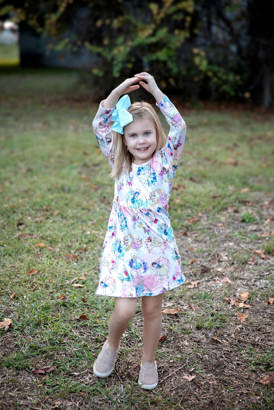 GLD0177 Cartoon Princess Flowers Print Girls Long Sleeve Knee Length Dress