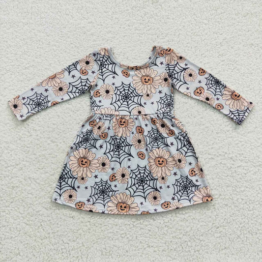 GLD0195 Pumpkin Flowers Web Print Girls Halloween Knee Length Dress