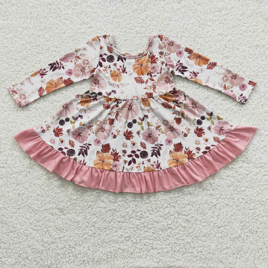 GLD0212 Pumpkin Flowers Girls Fall Knee Length Dress