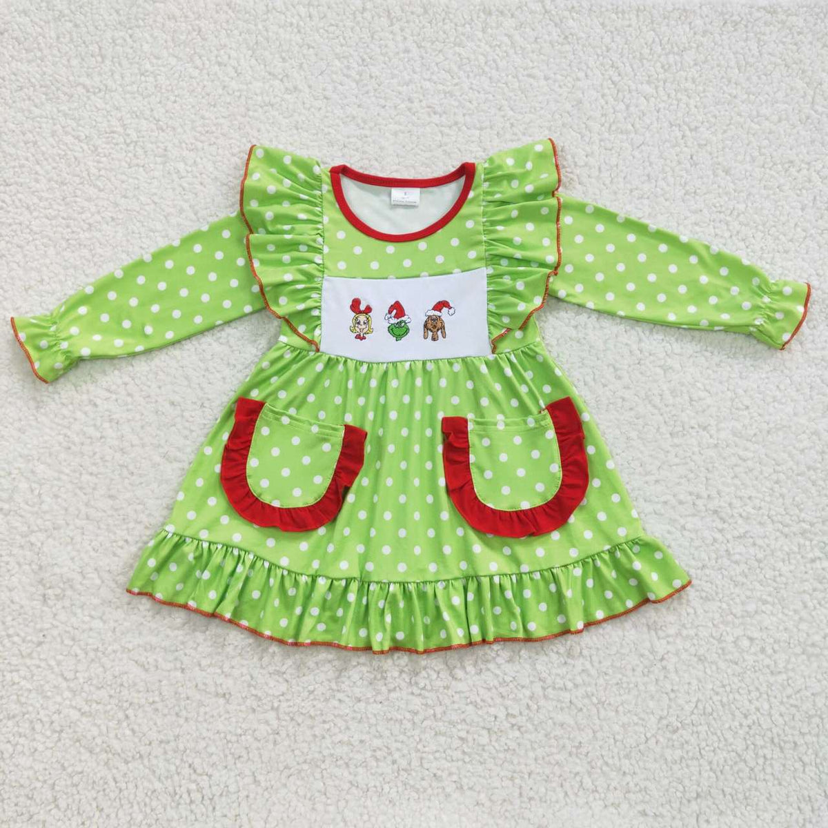 GLD0217 Green Frog Embroidery Green Dots Print Pockets Girls Christmas Ruffle Knee Length Dress