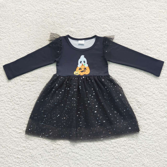 GLD0224 Pumpkin Ghost Print Girls Halloween Knee Length Tulle Dress
