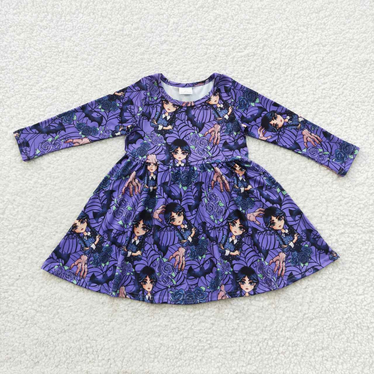 GLD0229 Film Characters Wednesday Web Flowers Print Girls Halloween Knee Length Dress