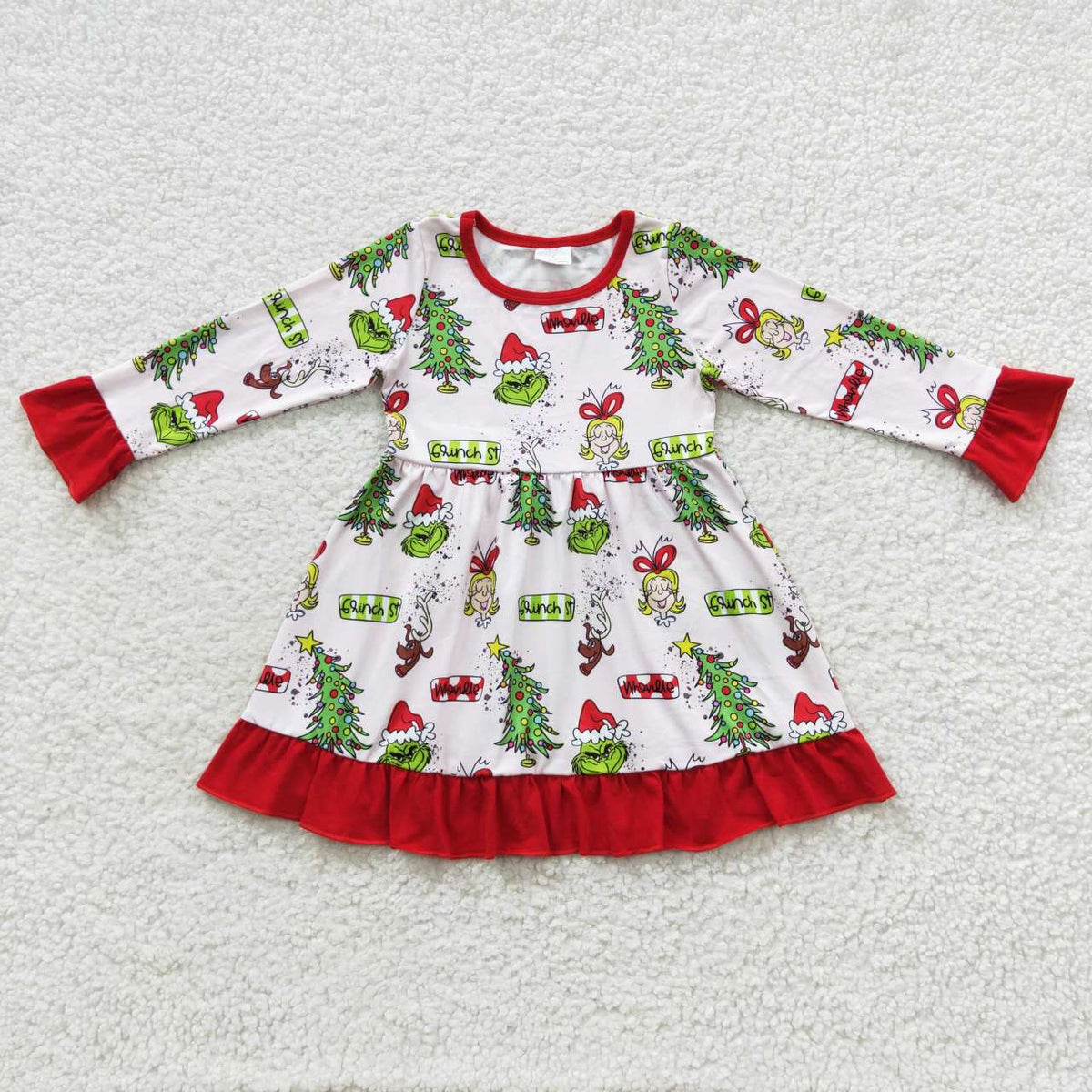 GLD0235 Green Frog Tree Print Girls Christmas Knee Length Dress
