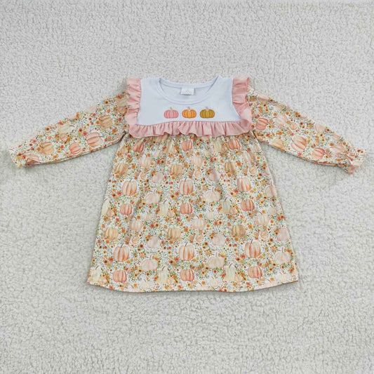 GLD0238 Pumpkin Embroidery Flowers Print Girls Fall Knee Length Dress
