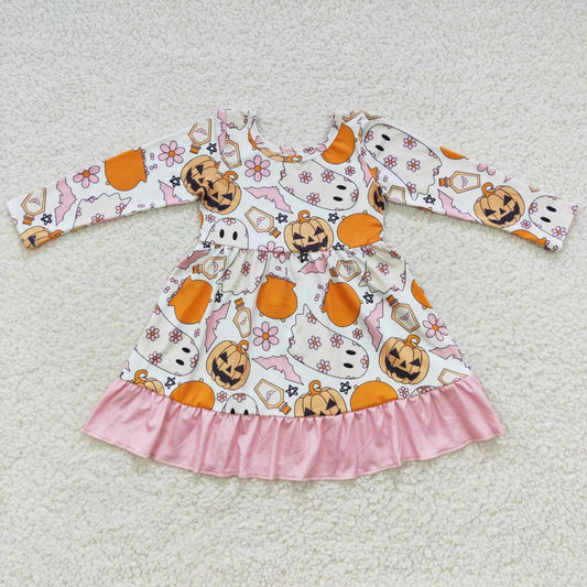 GLD0244 Ghost Pumpkin Flowers Print Girls Halloween Knee Length Dress