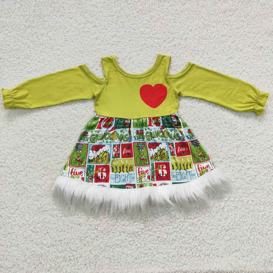 GLD0247 Green Frog Print Fur Girls Christmas Knee Length Dress