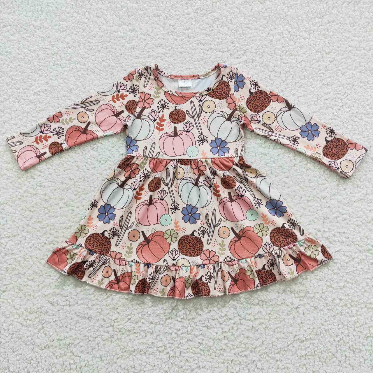 GLD0255 Pumpkin Flowers Print Girls Fall Knee Length Dress