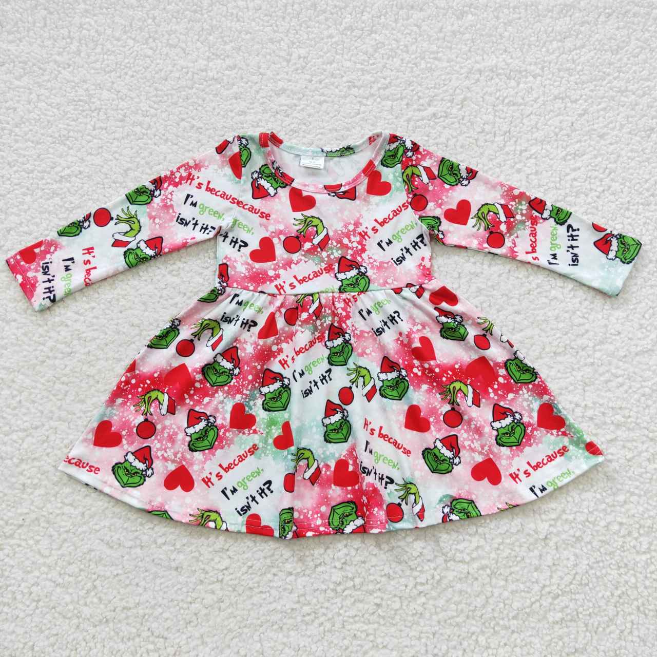 GLD0257 Green Frog Hearts Print Girls Christmas Knee Length Dress