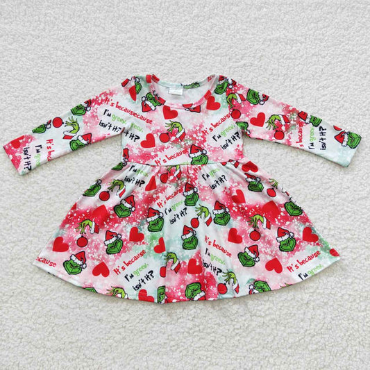 GLD0257 Green Frog Hearts Print Girls Christmas Knee Length Dress