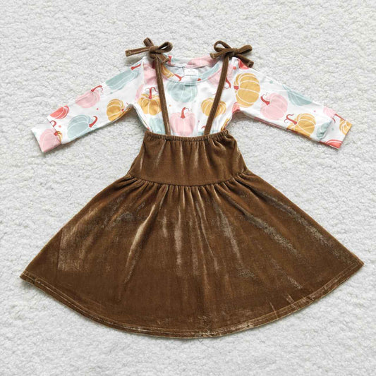GLD0289 Pumpkin Top Velvet Straps Dresses Girls Fall Clothes Set