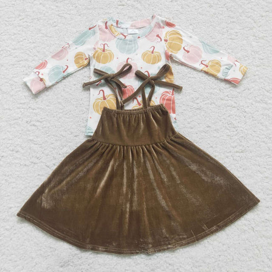GLD0289 Pumpkin Top Velvet Straps Dresses Girls Fall Clothes Set