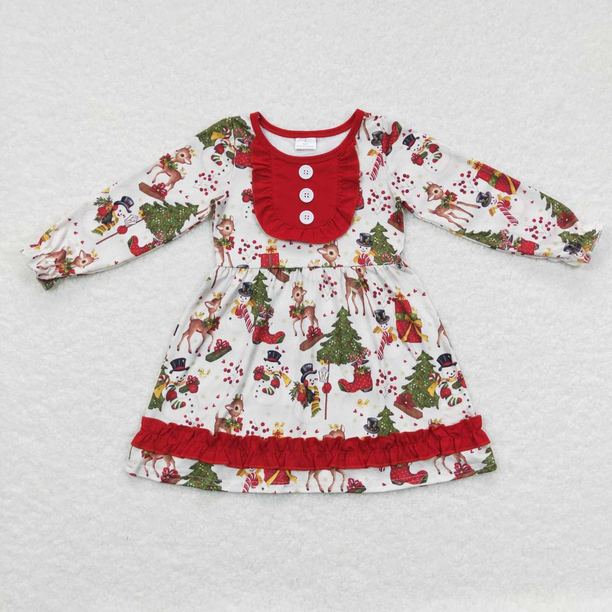 GLD0292 Snowman Deer Holly Print Girls Christmas Knee Length Dress