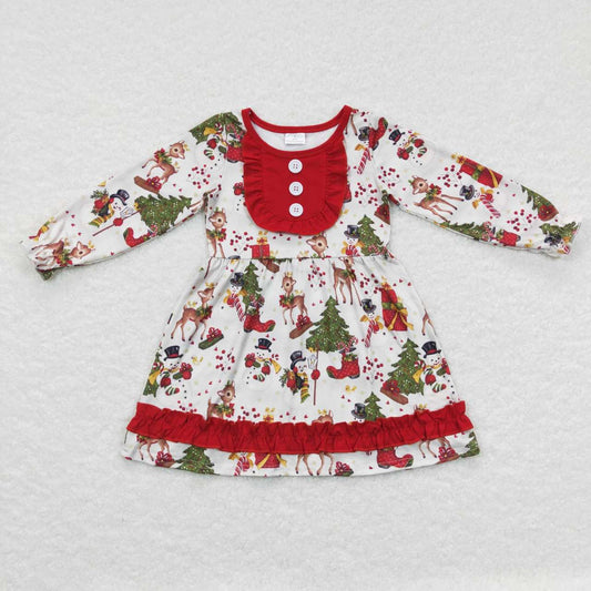 GLD0292 Snowman Deer Holly Print Girls Christmas Knee Length Dress