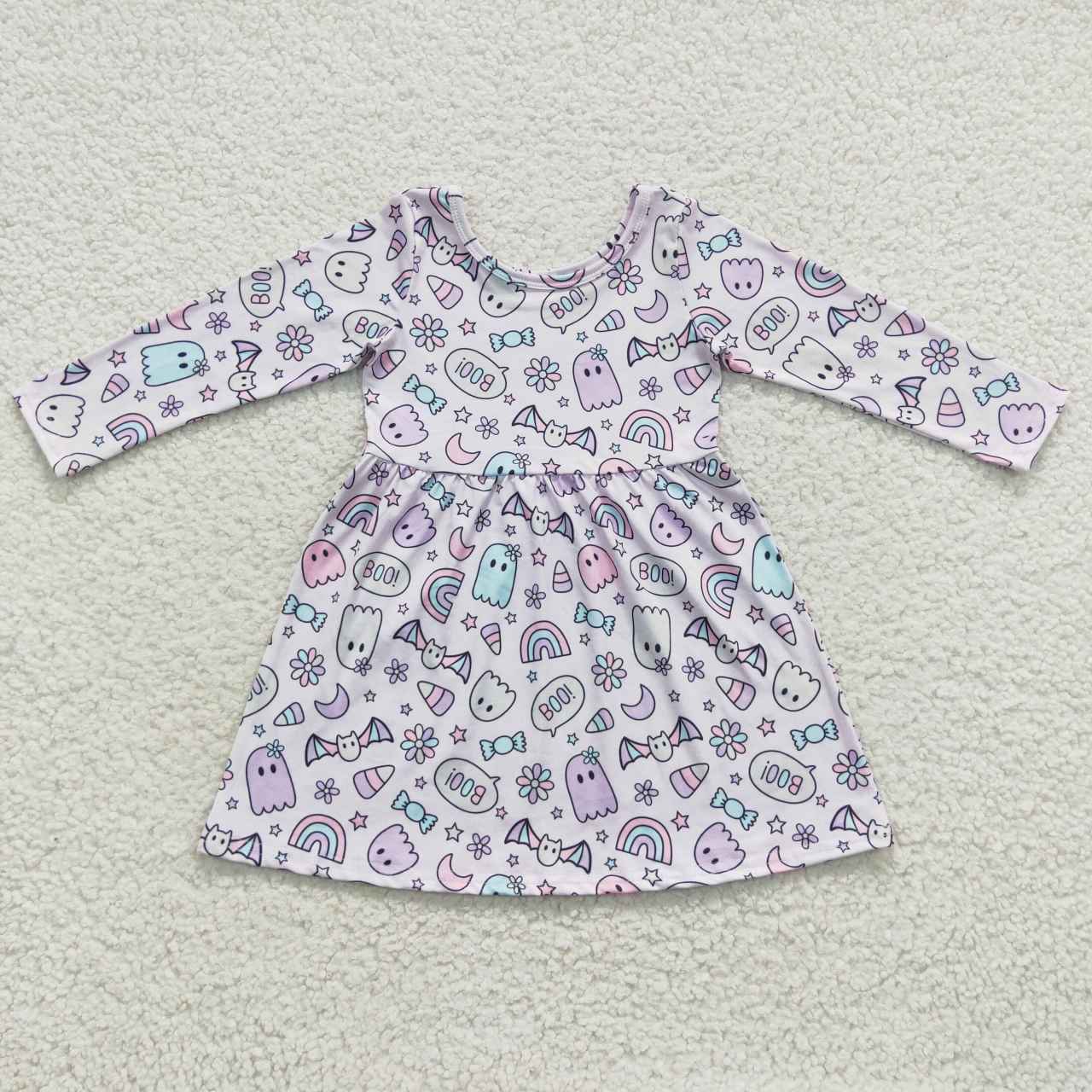 GLD0295 Ghost Rainbow Candy BOO Print Girls Halloween Knee Length Dress