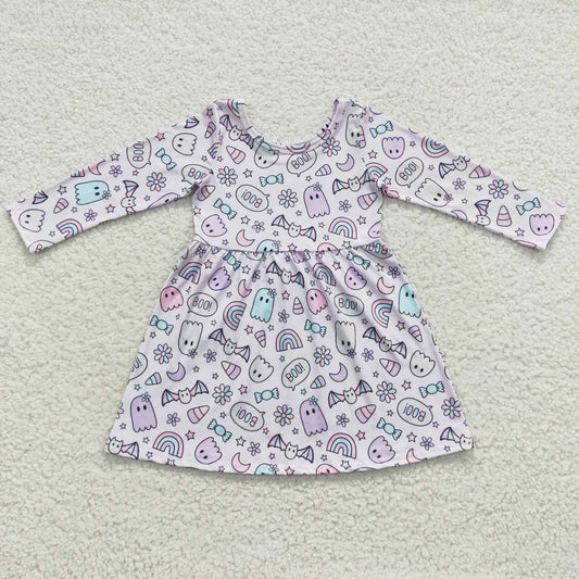 GLD0295 Ghost Rainbow Candy BOO Print Girls Halloween Knee Length Dress