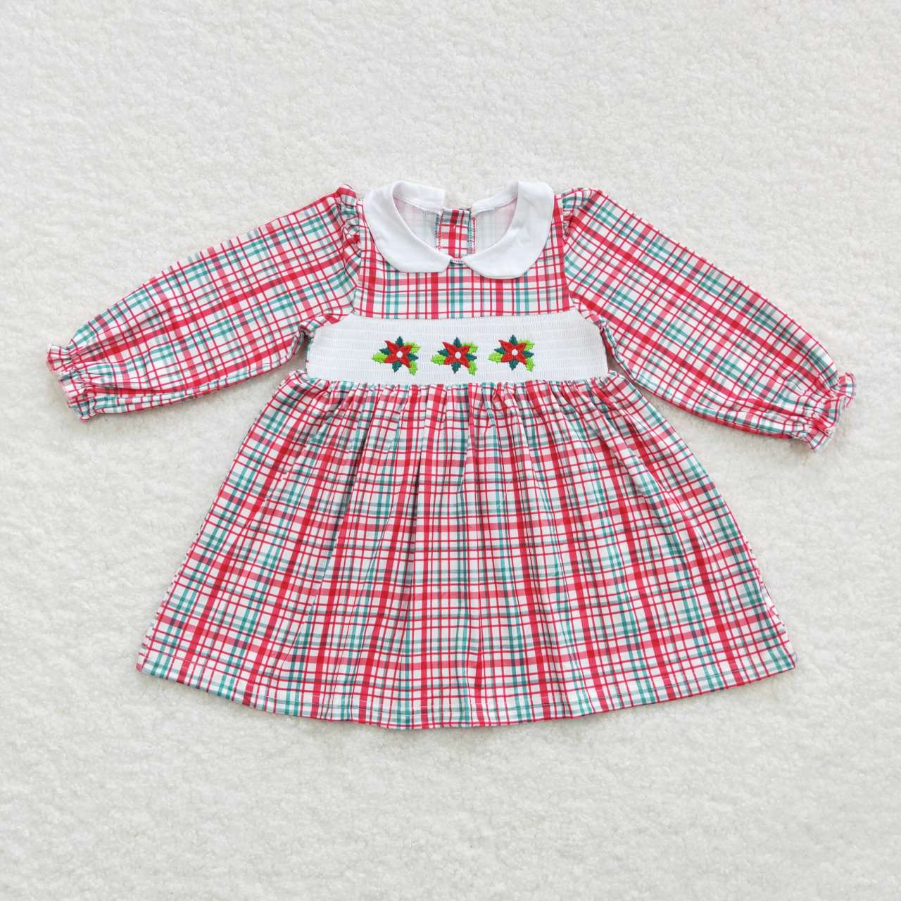 GLD0300 Holly Embroidery Checkered Print Girls Christmas Knee Length Smocked Dress