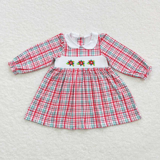 GLD0300 Holly Embroidery Checkered Print Girls Christmas Knee Length Smocked Dress