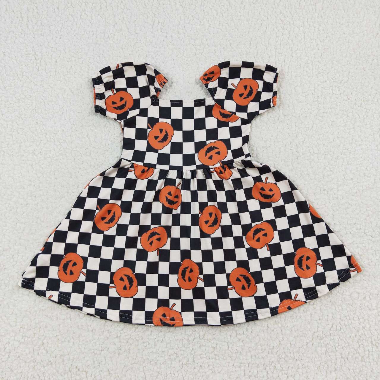 GLD0302 Pumpkin Checkerd Print Girls Halloween Knee Length Dress