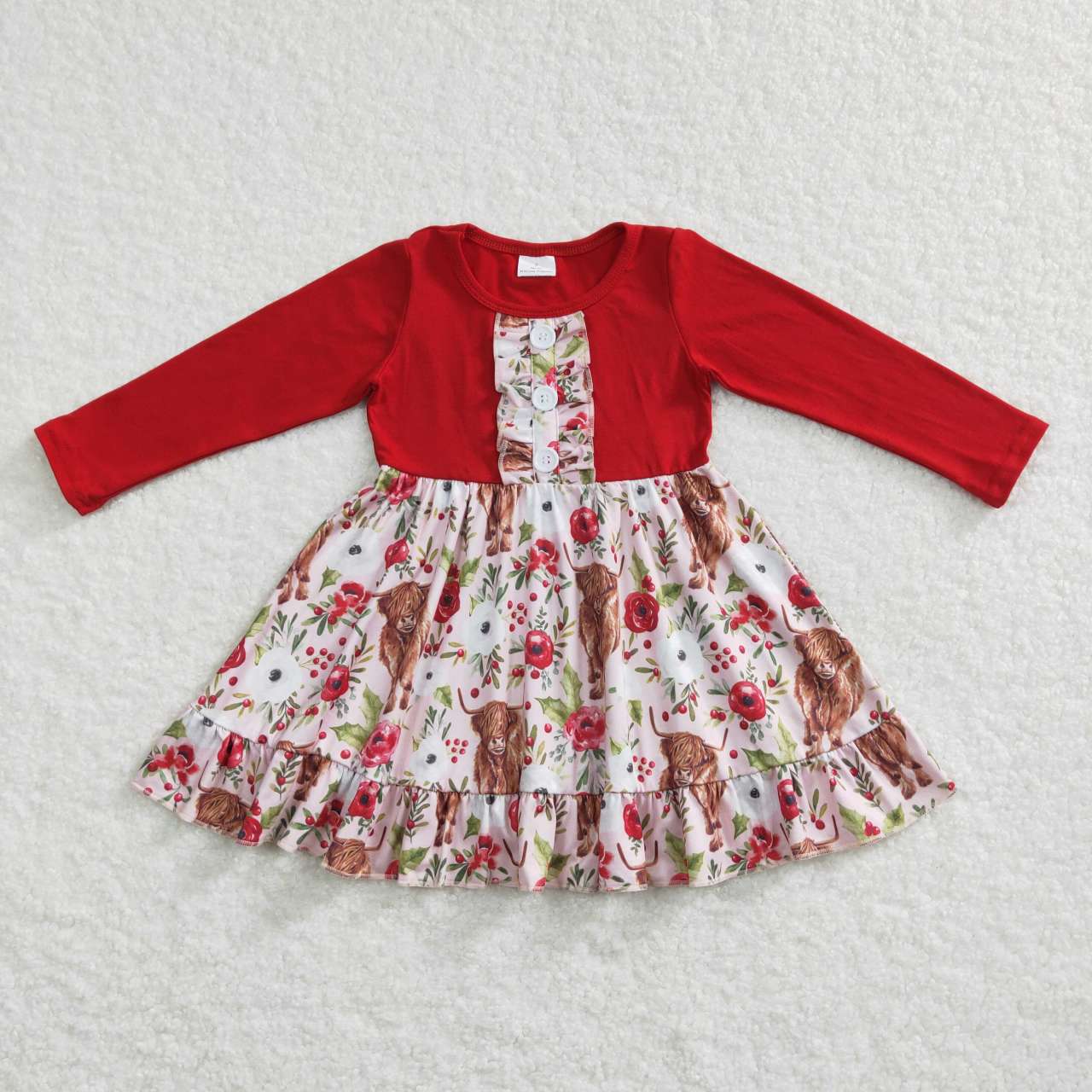 GLD0322 Highland Cow Flowers Holly Print Girls Christmas Knee Length Dress