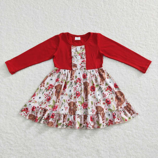 GLD0322 Highland Cow Flowers Holly Print Girls Christmas Knee Length Dress