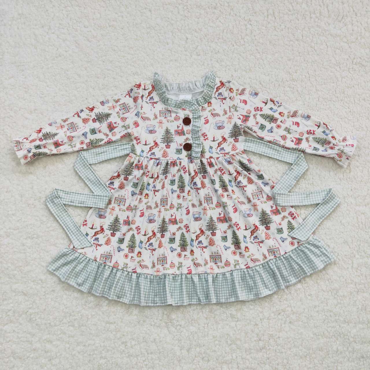 GLD0325 Snowman Gingerbread Tree Candy Print Girls Christmas Knee Length Dress