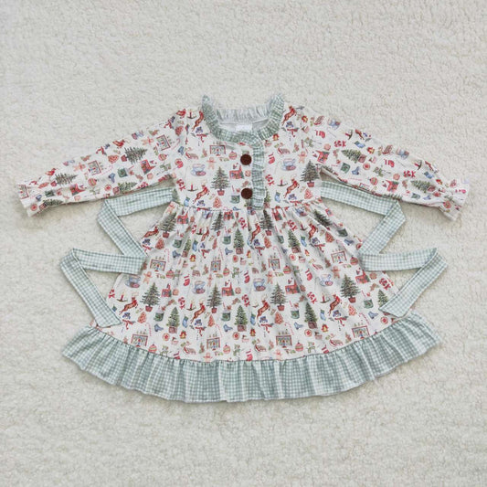 GLD0325 Snowman Gingerbread Tree Candy Print Girls Christmas Knee Length Dress