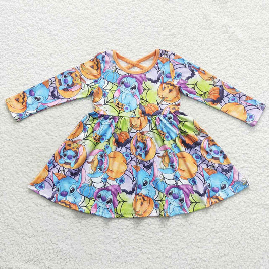 GLD0330 Cartoon Stitc* Pumpkin Print Girls Halloween Knee Length Dress