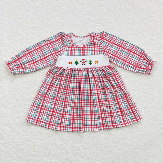 GLD0331 Santa Embroidery Checkered Print Girls Christmas Knee Length Smocked Dress