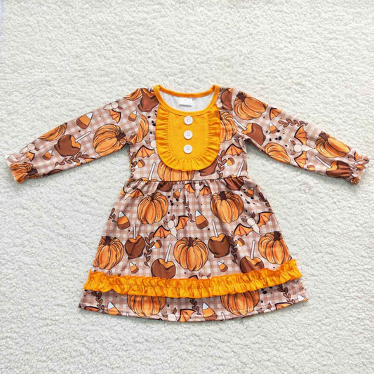 GLD0343 Pumpkin Candy Bat Checkerd Print Girls Halloween Knee Length Dress