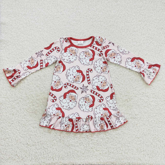 GLD0347 Santa Candy Cane Print Girls Christmas Knee Length Dress