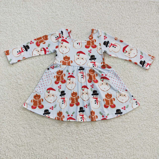 GLD0367 Santa Snowman Gingerbread Print Pockets Girls Christmas Knee Length Dress