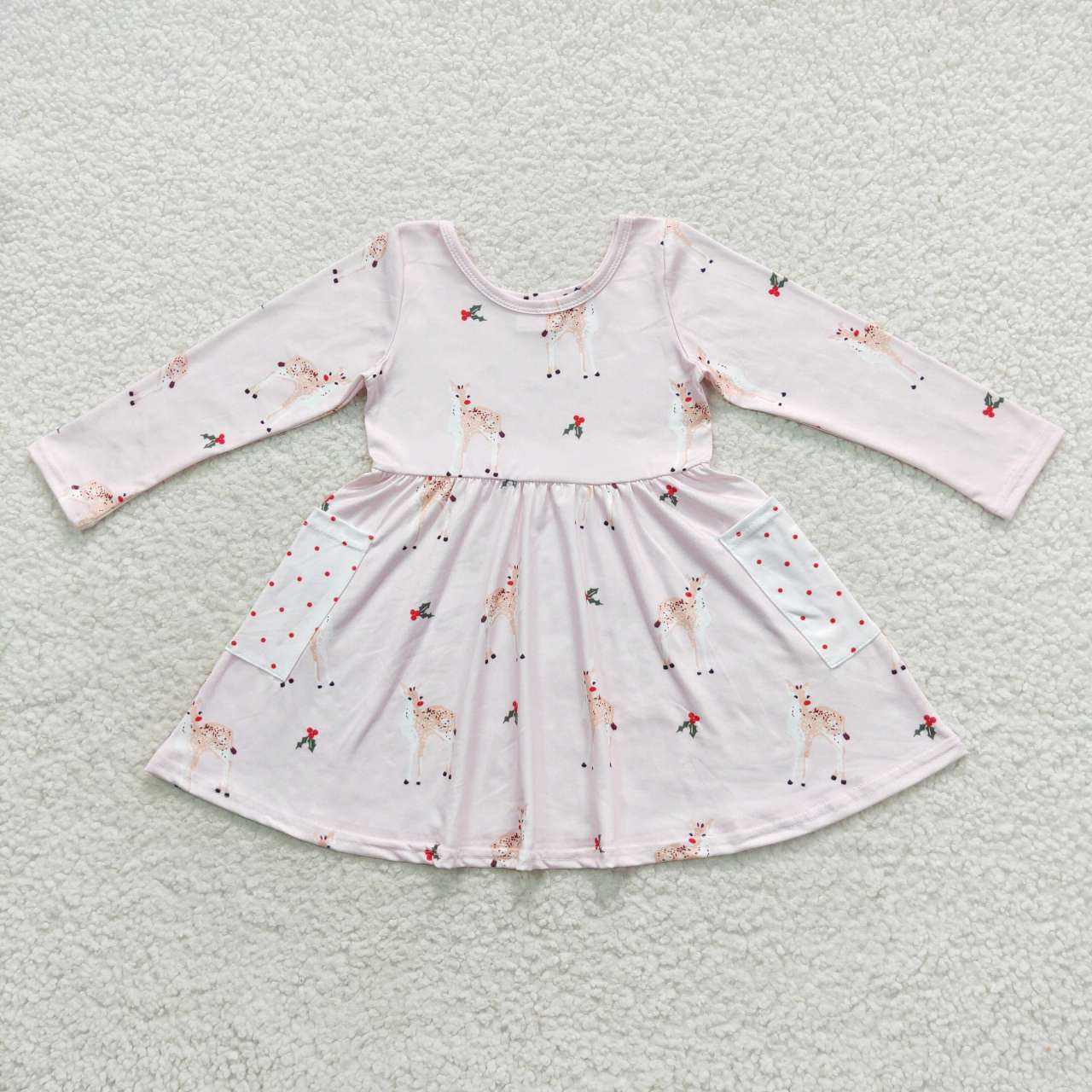 GLD0368 Deer Holly Print Pockets Girls Christmas Knee Length Dress