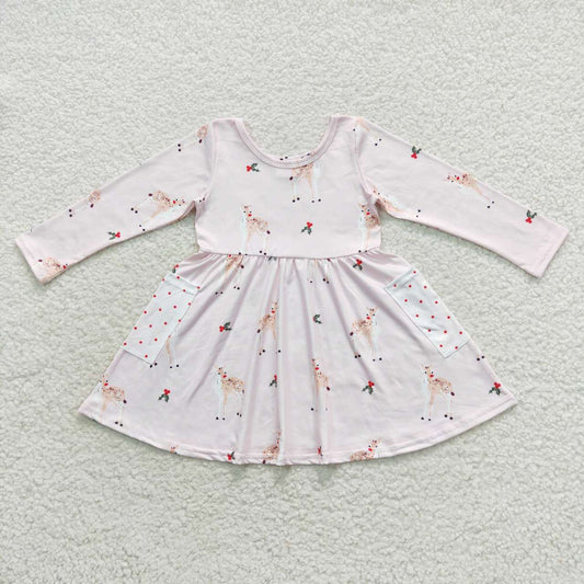 GLD0368 Deer Holly Print Pockets Girls Christmas Knee Length Dress