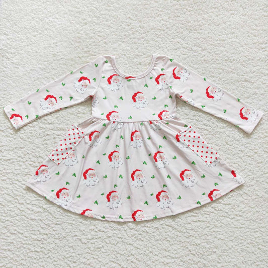 GLD0369 Santa Holly Print Pockets Girls Christmas Knee Length Dress