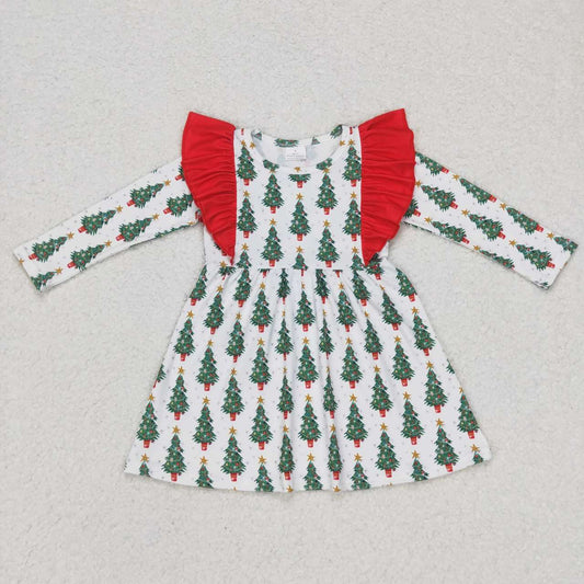 GLD0377 Tree Stars Print Girls Christmas Knee Length Dress