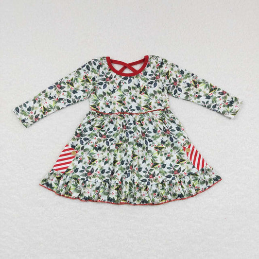 GLD0389 Holly Print Pockets Girls Christmas Knee Length Dress