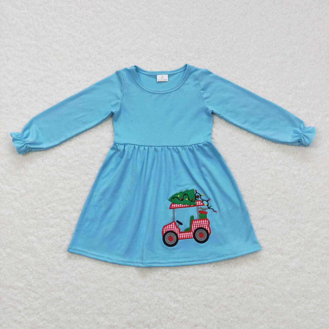 GLD0391 Golf Truck Tree Embroidery Blue Cotton Girls Christmas Knee Length Dress