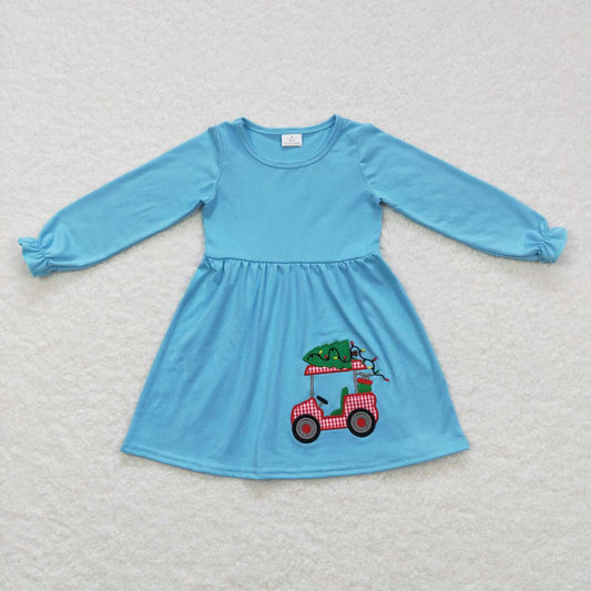 GLD0391 Golf Truck Tree Embroidery Blue Cotton Girls Christmas Knee Length Dress